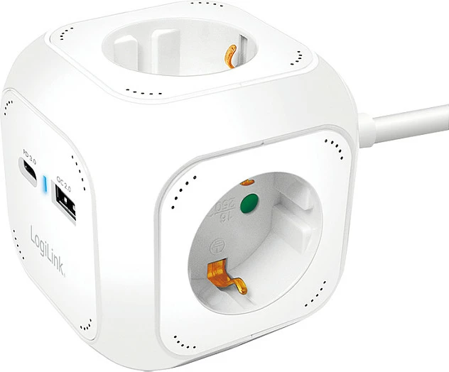 Zgjatues rryme LogiLink Cube, 4 priza, USB-A + USB-C, 20W PD, i bardhë