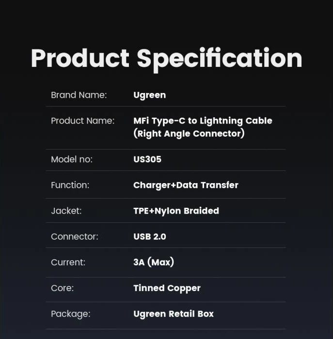 Kabllo spiral USB-C në Lightning UGREEN MFi 60764 1.5m 18W e zezë, box