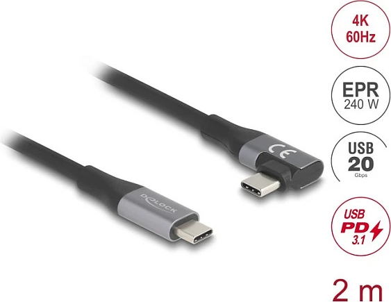 Kabllo USB-C DeLOCK 81132, 2 m, 20 Gbit/s, Thunderbolt 4, PD 240 W, e zezë