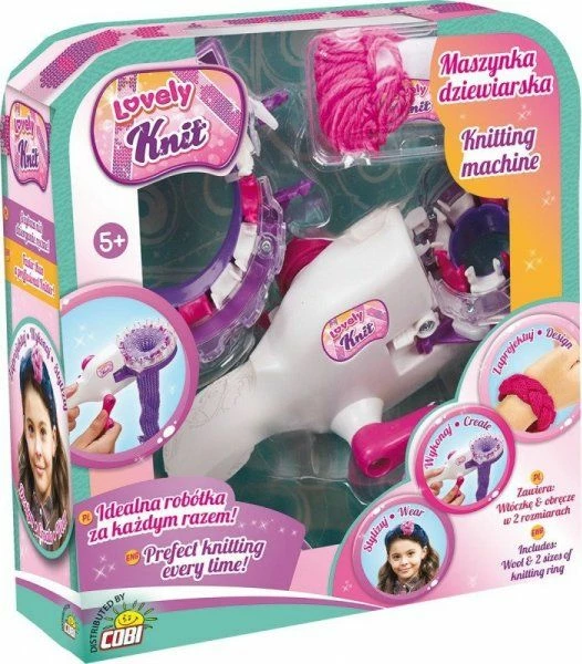 Makineri thurjeje Cobi Lovely Knit, set me 2 unaza dhe 2 toptha fije, rozë/bardhë