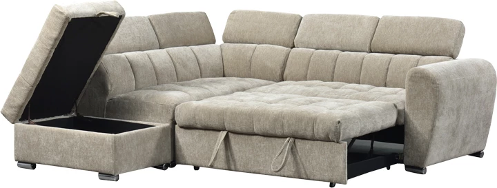 Kënd-sofë krevate me kënd të djathtë Nuvora, me hapësirë për depo, kadife korduroj, bezhë, 244x225x79cm