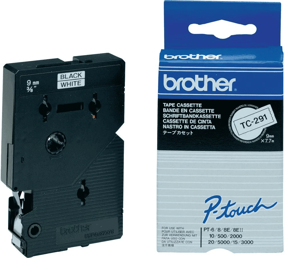 Shirit etiketimi Brother TC-291 9mm x 7.7m, zi në të bardhë
