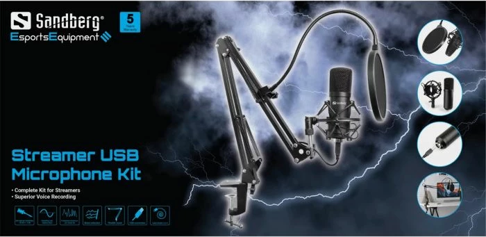 Mikrofon USB SANDBERG Streamer 126-07, cardioid 96kHz/24-bit, me krah tavoline & pop filter, i zi, set 7 pjesë