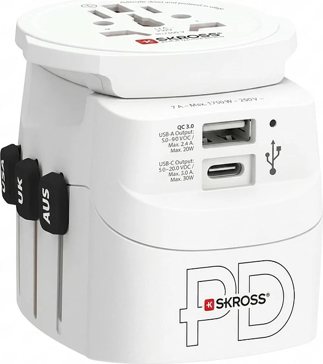 Adapter udhëtimi SKROSS Pro Light USB AC30PD World, 30W PD, USB-A QC 3.0, i bardhë