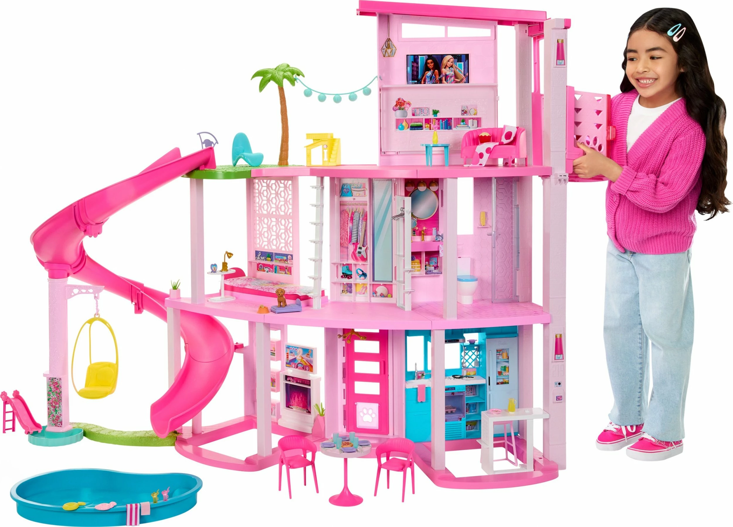 Shtëpi kukullash Mattel Barbie Dreamhouse HMX10, 3 kate, 75 aksesorë, me rrëshqitëse spirale e pishinë, pa kukull