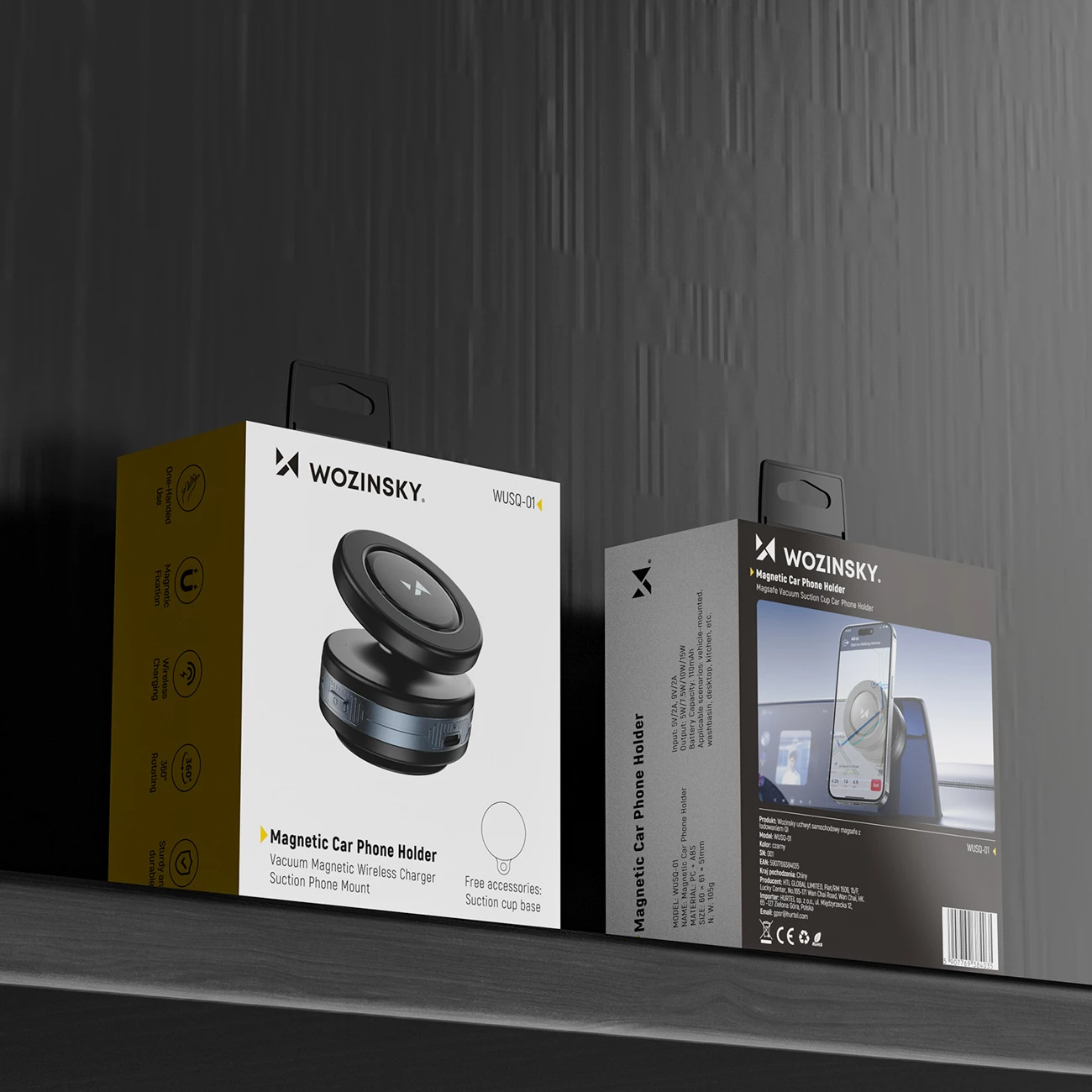 Mbajtës veture me karikues Qi, Wozinsky WUSQ-01, MagSafe kompatibil, 15W, montim me kupë thithëse për xham/panel, rrotullim 360°, USB-C, kabllo 1m, zi