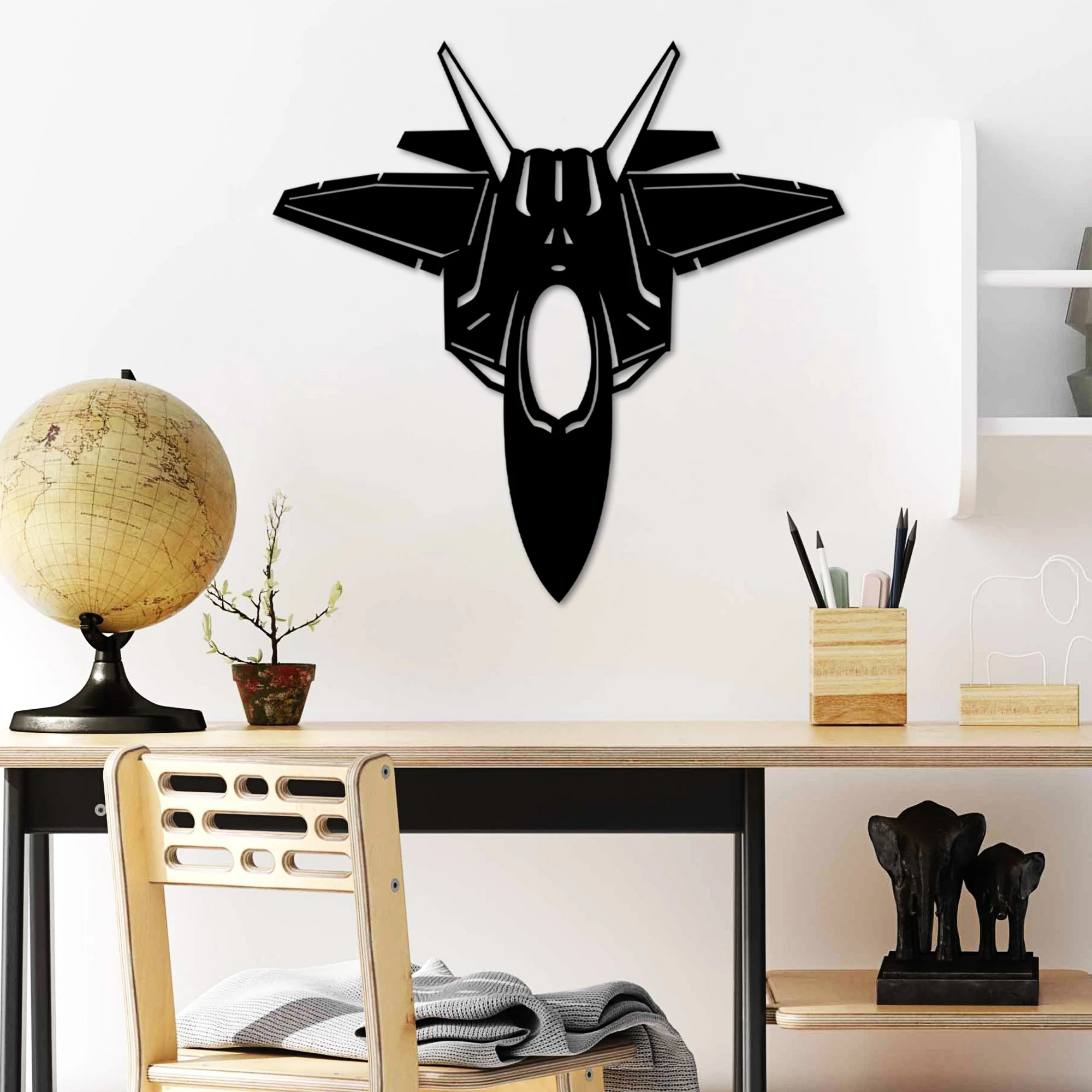 Aksesor dekorativ metalik për mur, Wallity, F-22 RAPTOR, ngjyrë e zezë, 57x56cm