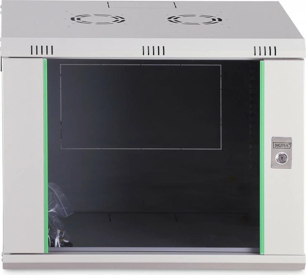 Kabinet rrjeti muror 19" 9U, Digitus, DN-37104, 474×600×450 mm, derë xhami, IP20, kapacitet ngarkese 60 kg, i pambledhur, gri