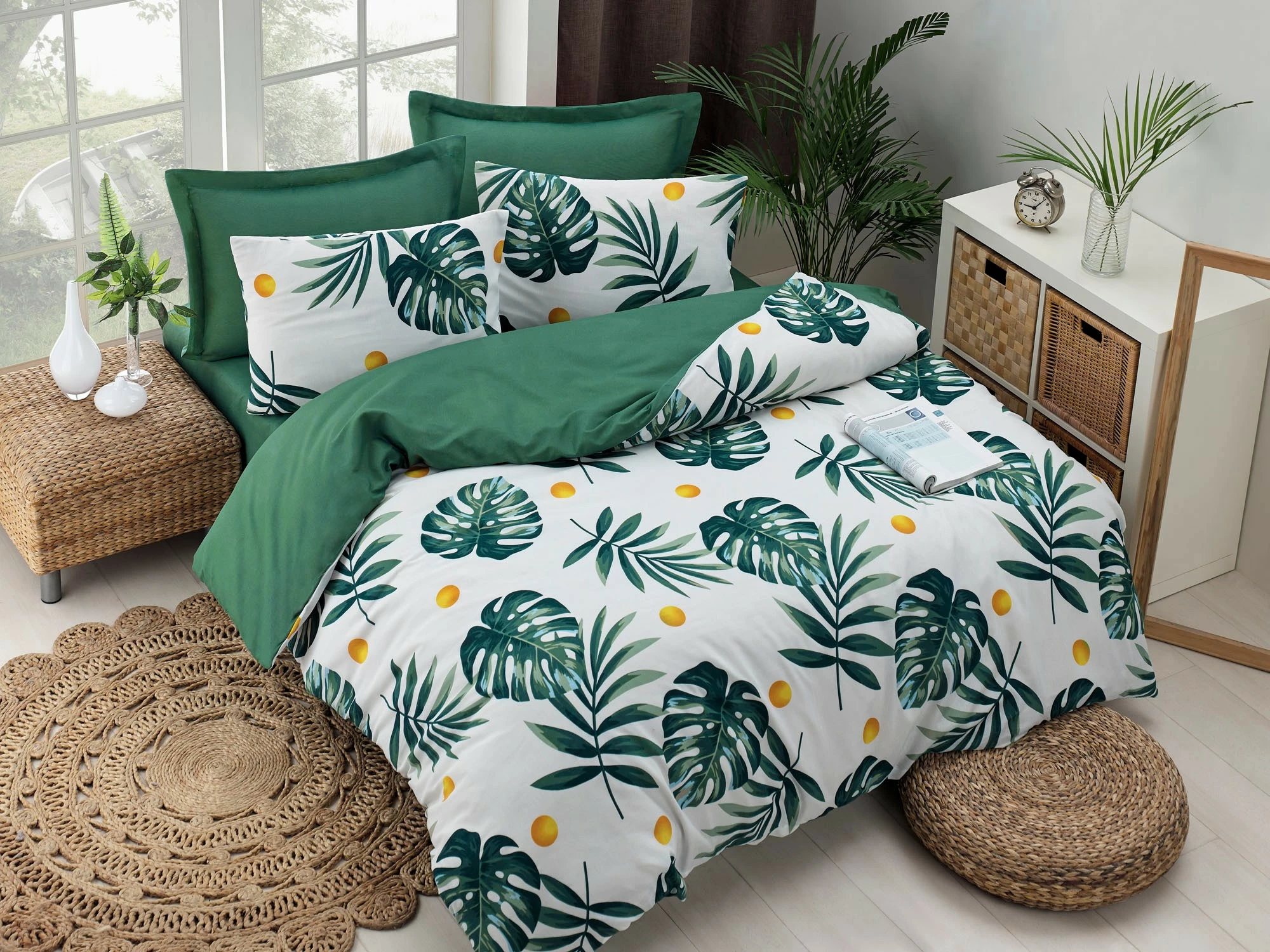 Set mbulesë për dyshek dopio, L'essentiel, Monstera, ngjyrë e gjelbër