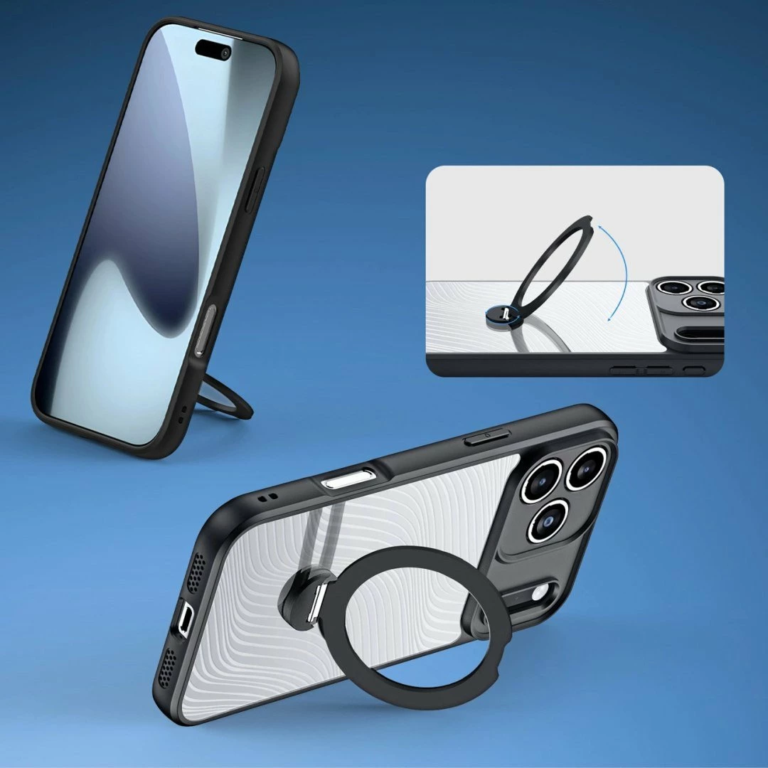 Mbështjellës DUXDUCIS Aimo Mag për iPhone 17 Pro, unazë magnetike me stand, karikim wireless, TPU/PC, i zi
