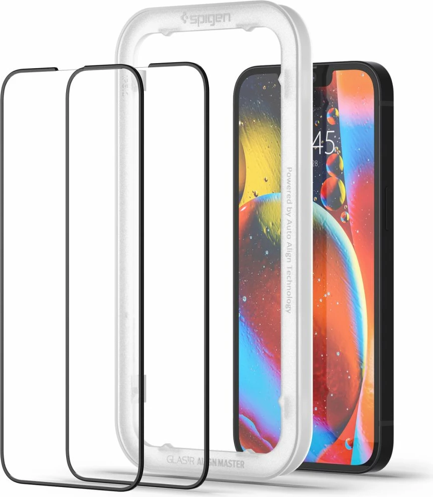 Mbrojtës ekrani xham i temperuar, Spigen, Glas.tR AlignMaster FC, për iPhone 13/13 Pro/14/16e, 0.3mm 9H, kornizë e zezë, set 2 copë