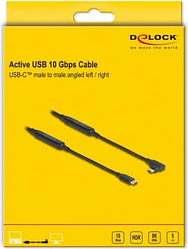 Kabllo aktive USB-C DeLOCK 81196, 5 m, USB 3.2 Gen 2, 10 Gbit/s, PD 60 W, me konektor këndor, e zezë
