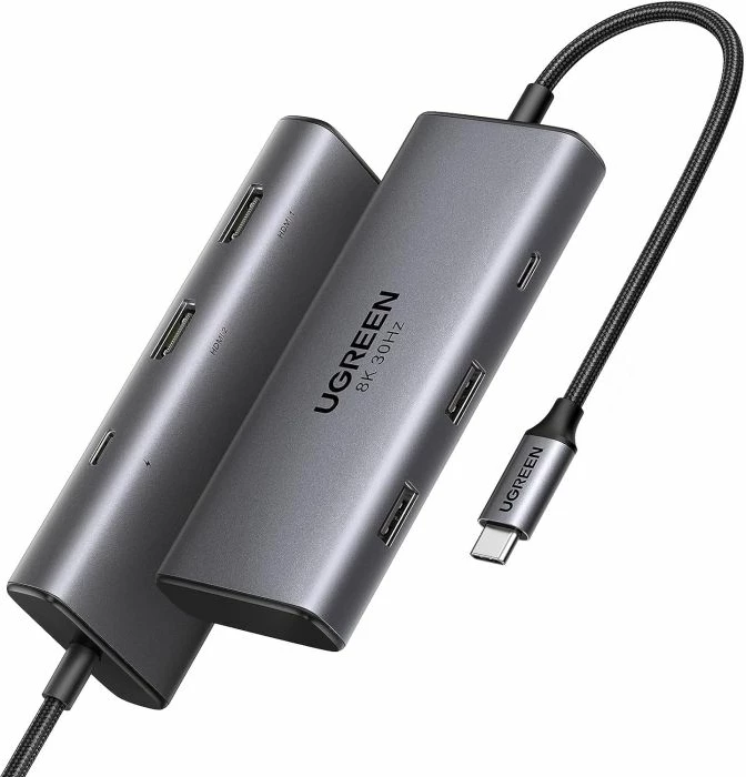 Hub USB-C UGREEN 15852 6-në-1, Dual HDMI 4K@60Hz, PD 100W, gri