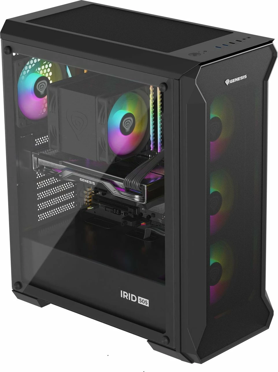 Kasë GENESIS Irid 505 ARGB V2 NPC-1518 Midi Tower ATX/Micro ATX/Mini-ITX, 4x120mm ARGB fan, xham i kalitur, e zezë