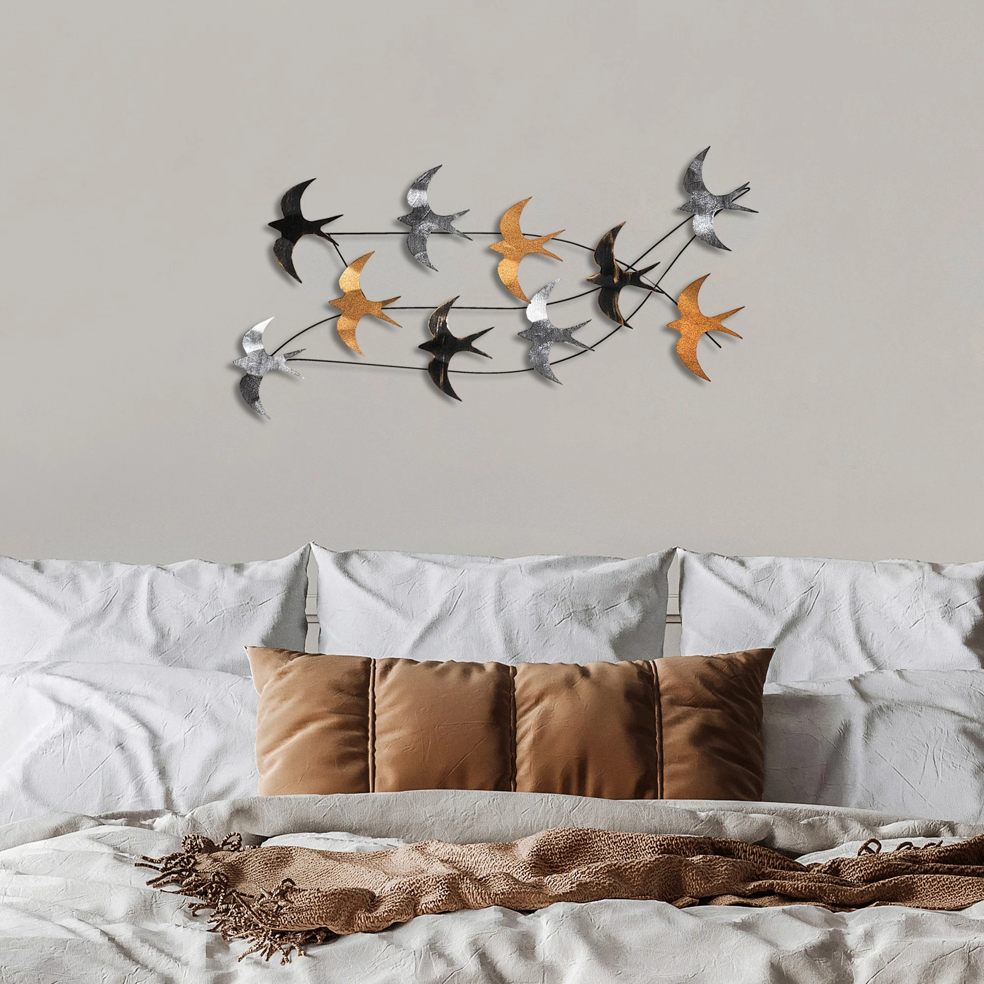 Aksesor dekorativ metalik për mur, Flock of Swallows 2, shumëngjyrësh, 45x104x8cm