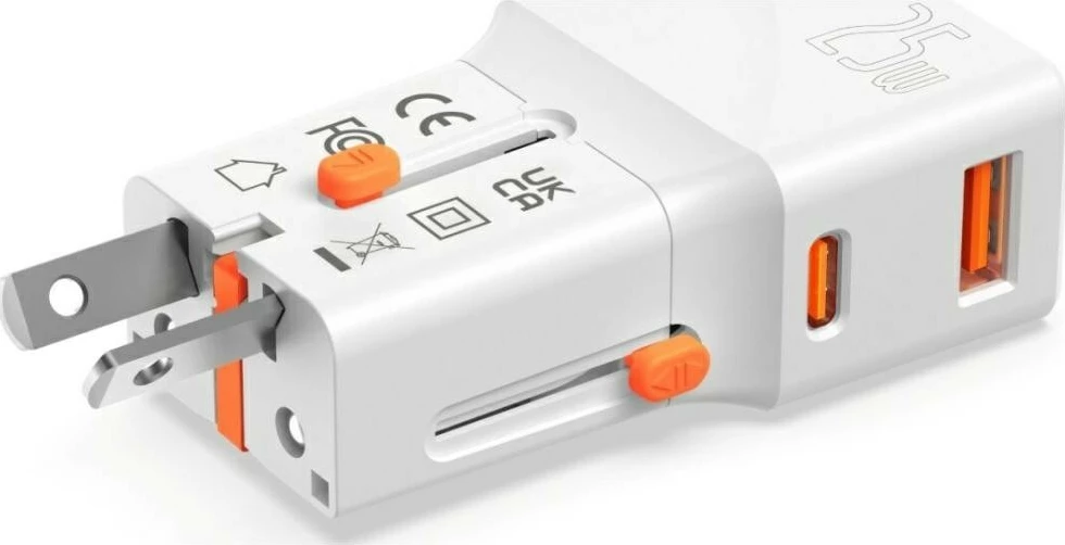 Karikues udhëtimi, 4smarts, Nomad Pocket 25W 4SM000028, 2 porta USB-C + USB-A, PD/QC 3.0, 25W, përshtatës global me priza të palosshme, bardhë