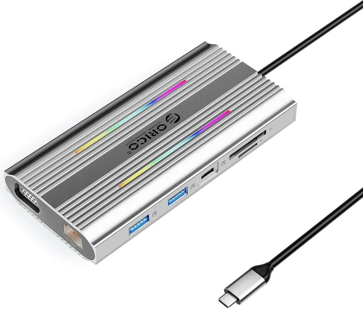 Hub Orico USB-C 12w1 XDR-X2, 3x USB-A, USB-C PD 100W, HDMI 4K, VGA, RJ45, argjendtë