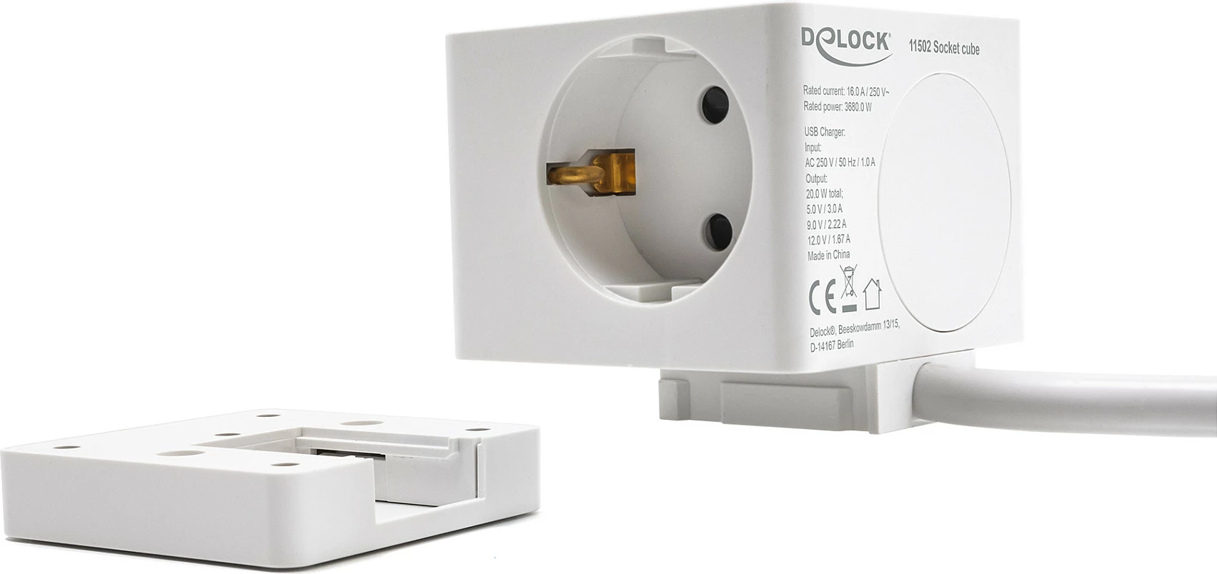 Zgjatues prizash kub DeLOCK 11502, 3x Type F, 2x USB (USB-C PD 20 W), kabllo 1.5 m, i bardhë