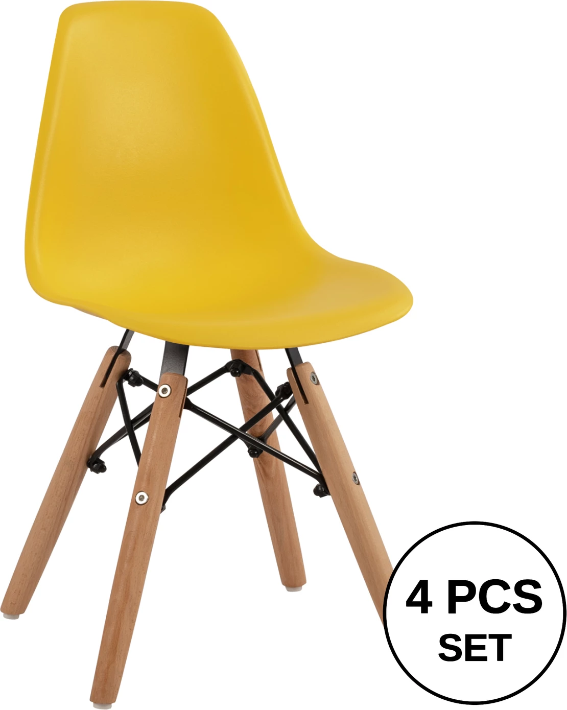 Karrige Twist për fëmijë FH8453.04 me këmbë druri & ulëse e verdhë PP, set prej 4 copë