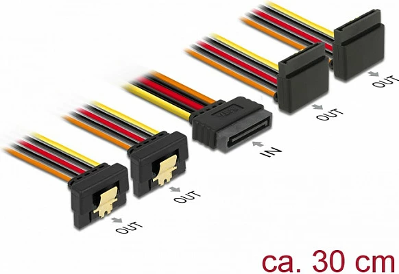 Kabllo splitter SATA DeLOCK 60154, 1x SATA 15-pin në 4x SATA 15-pin, 30 cm, kontakte të arta, e zezë