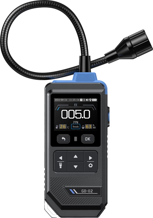 Detektor gazi të djegshëm FNIRSI GD-02, ekran me ngjyra IPS 2", sondë fleksibile 36 cm, 0–50,000 ppm, set me çantë + kabllo USB, i zi/blu