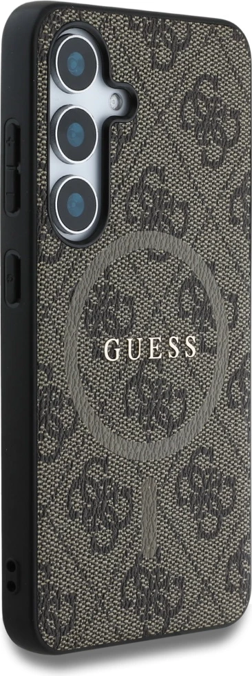 Mbështjellës Guess Leather 4G Colored Ring Classic Logo MagSafe për Samsung Galaxy S25, Kafe