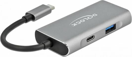 Hub USB-C DeLOCK, 4 porta (3x USB-A + 1x USB-C), USB 3.2 Gen 2 10Gbps, kabllo 0.12m, alumini, zi/gri