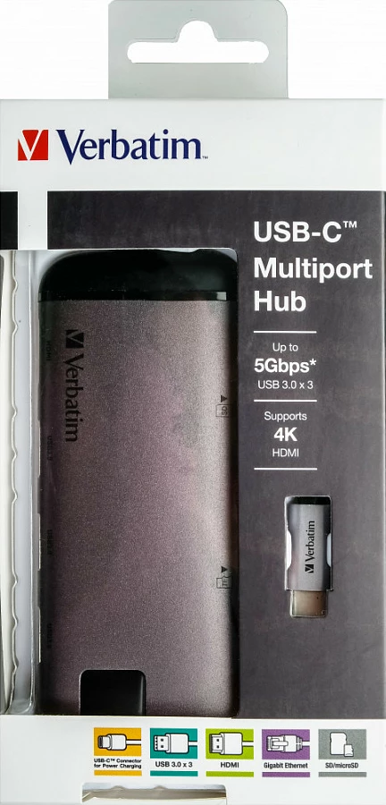 USB-C hub multiport Verbatim 49142, 4K HDMI, RJ-45 LAN, 2x USB-A 3.2 Gen 1, 1x USB-C, microSD, USB PD, zi/argjend