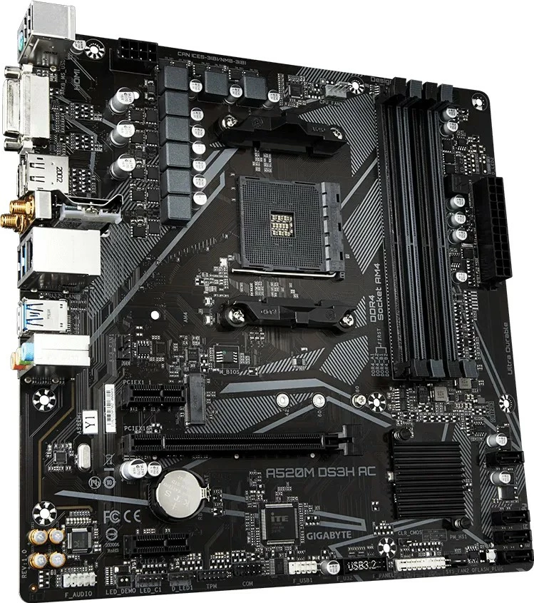 Pllakë amë, Gigabyte A520M DS3H AC, Socket AM4, chipset AMD A520, 4x DDR4, mATX, M.2, HDMI/DVI/DP, Wi‑Fi AC