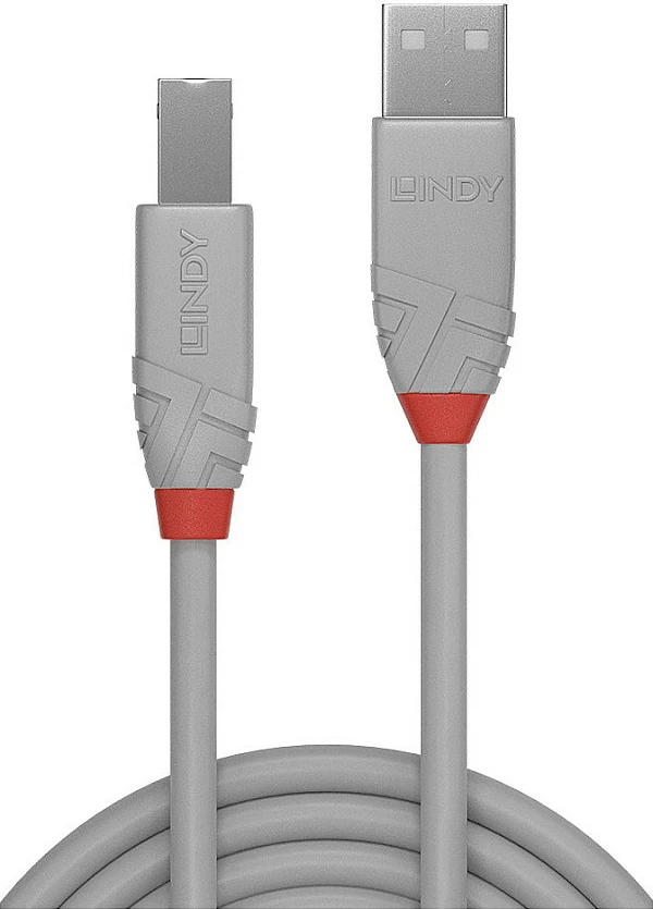 Kabllo USB LINDY Anthra Line USB 2.0 Type-A në Type-B, 0.5m, 480Mbps, gri