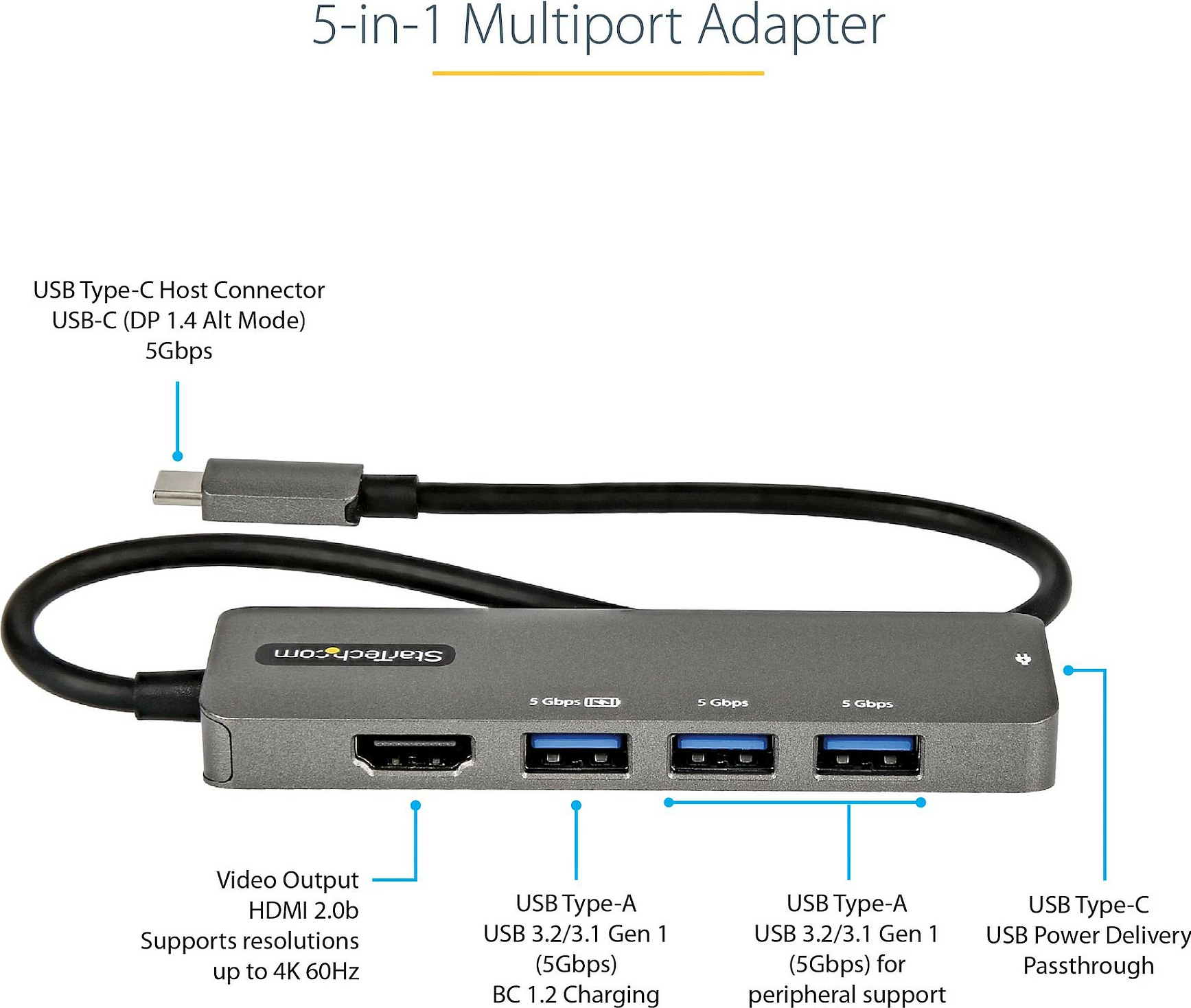 Adapter multiport USB-C StarTech DKT30CHPD3, HDMI 4K 60Hz, PD 100W, 3x USB-A + USB-C, LAN 2.5GbE, 30cm, zi/gri