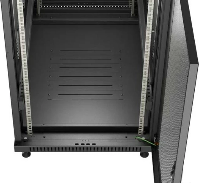 Kabinet rack qëndrimor 19" Lanberg FF01-6022-23B 22U, ngarkesë 800 kg, derë e perforuar, panel me 6 ventilatorë, Flat Pack, e zezë