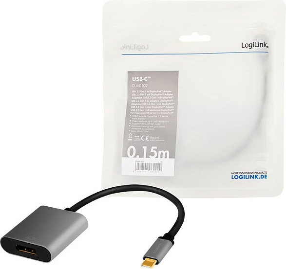 Adapter LogiLink USB-C në DisplayPort, 8K/60Hz, 0.15m, alumini, zi/gri
