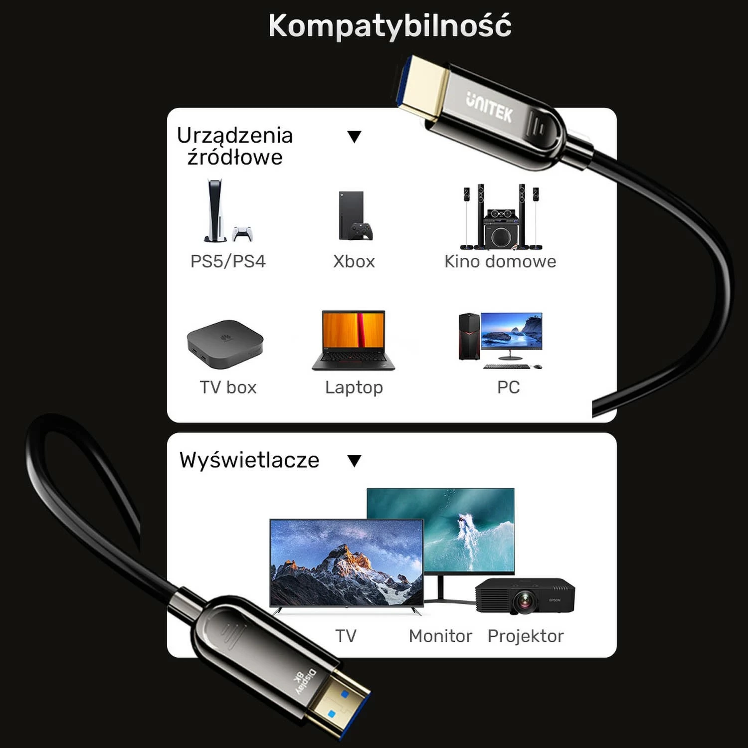 Kabëll HDMI optik Unitek 2.1 AOC 8K 120Hz 80m, zi-argjendtë