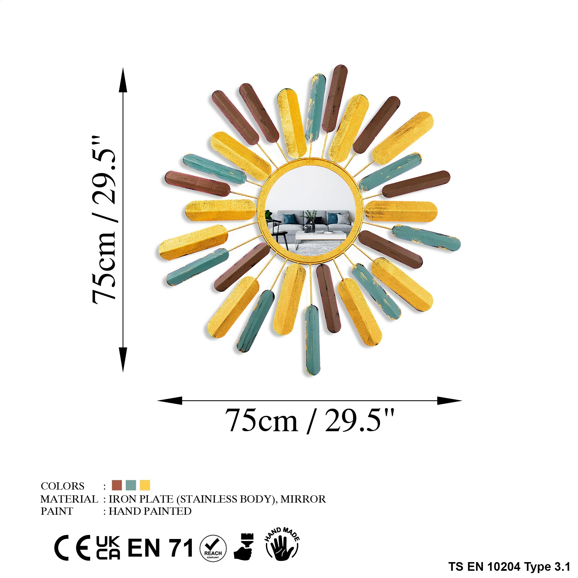 Pasqyrë dekorative, model dielli, shumëngjyrëshe, Mirror Sun 2, 75x75x4cm