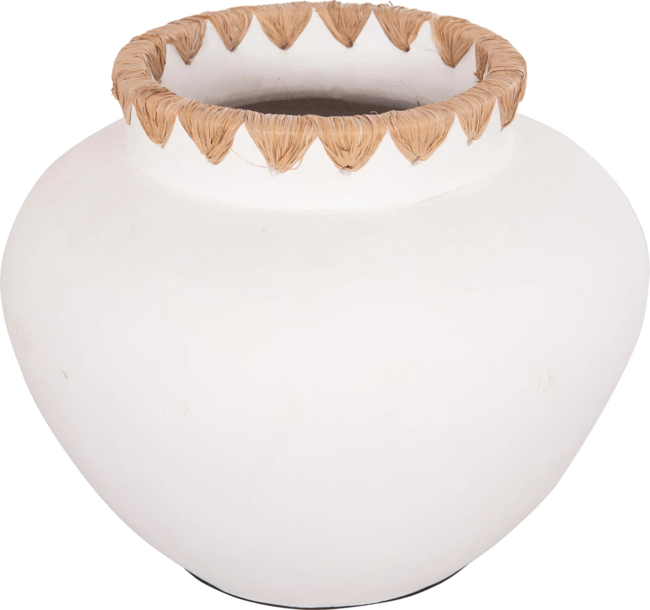 Vazo dekorative RENTON(L), terrakota, ngjyrë e bardhë, me thurje kashte në buzë, Φ32x26.5H cm