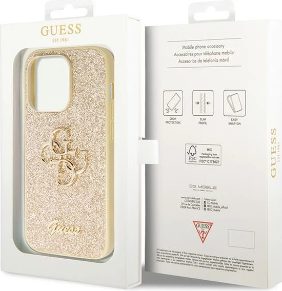 Mbështjellës Guess Glitter Script Big 4G për iPhone 14 Pro, Ari