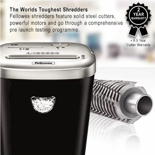Shkatërrues dokumentesh Fellowes Powershred 53C, DIN P-4, 10 fletë, kosh 23 L, prerje shirita 4x35 mm, zi/argjend