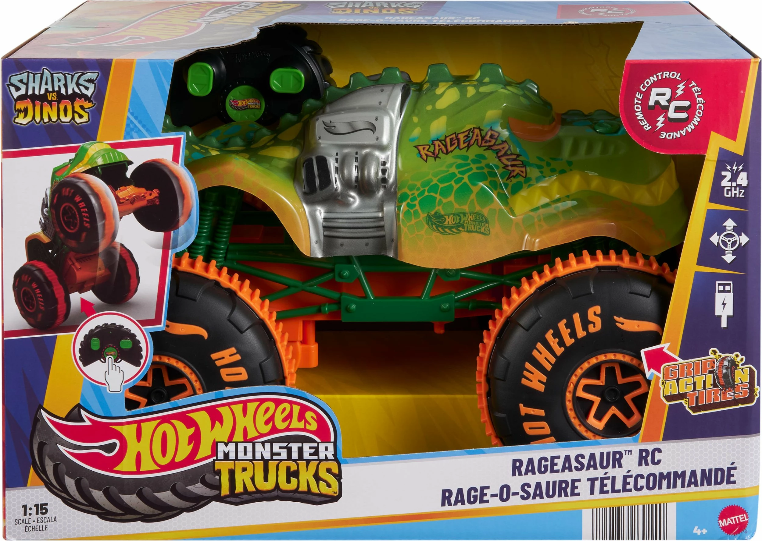 Kamion lodër RC Mattel Hot Wheels Monster Trucks Rageasaur JBH03 1:15, 2.4 GHz, me telekomandë, i gjelbër/portokalli