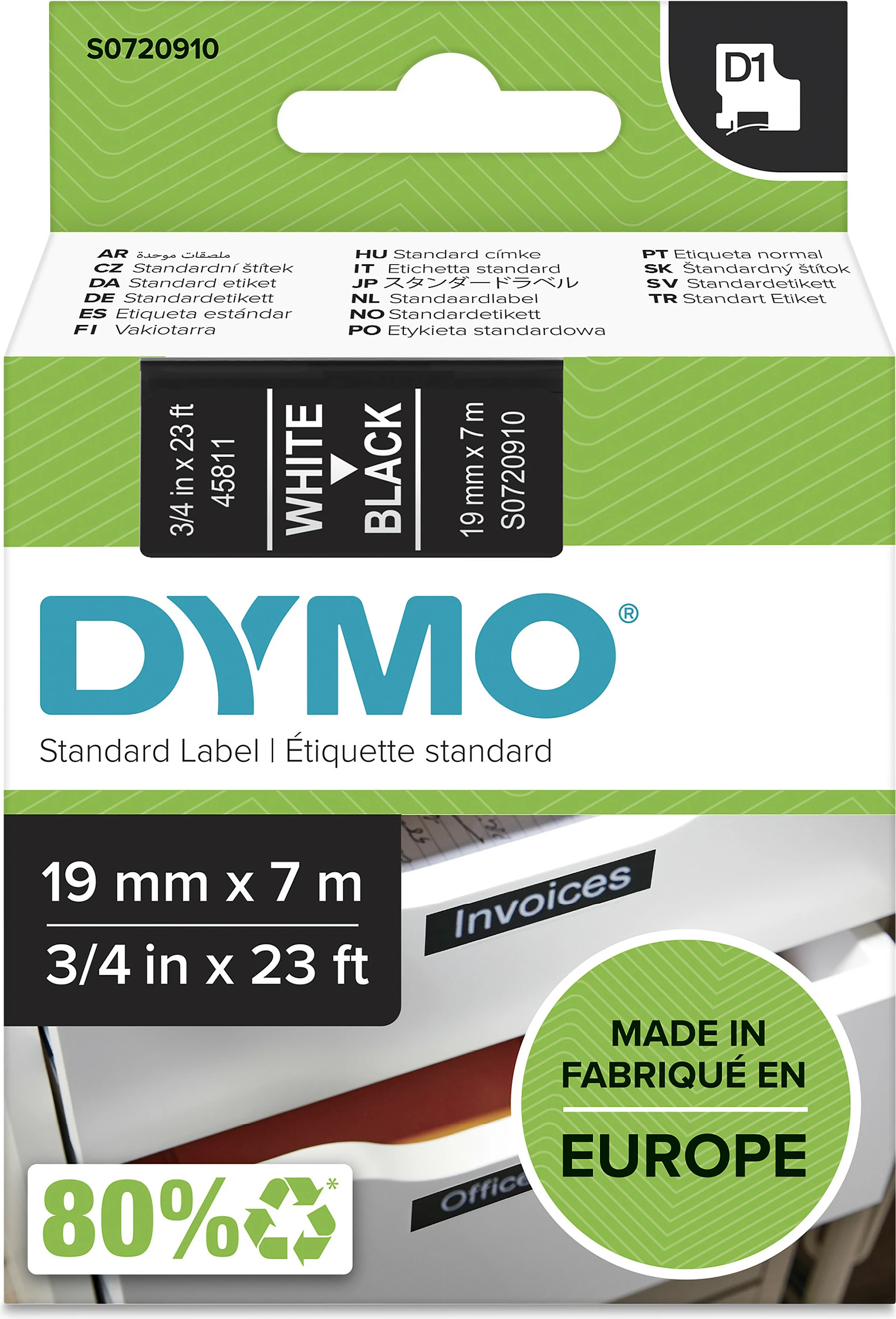 Shirit etiketash Dymo D1 Original S0720910, 19 mm x 7 m, i bardhë në të zezë