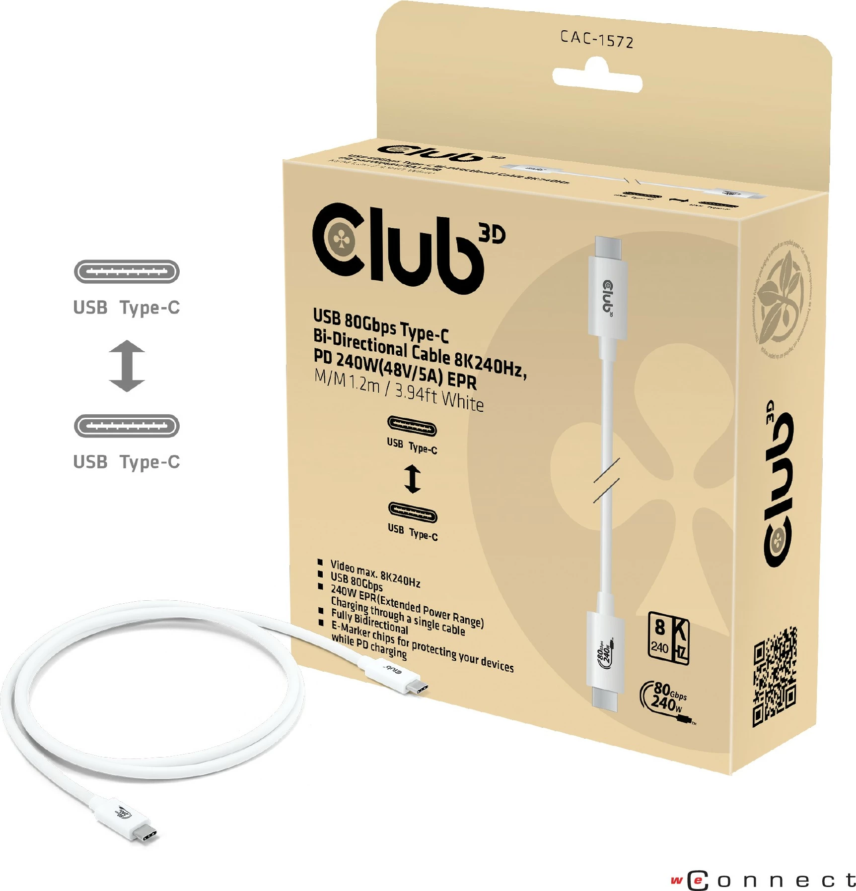 Kabllo USB Type-C Club3D 80Gbps, PD240W, 1.2m, e bardhë
