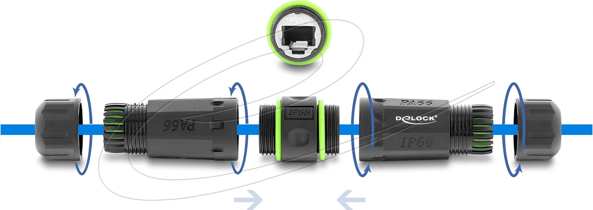 Konektor kabllo DeLOCK RJ12 femër-femër, IP68, filetë M20 x 1.5 mm, i zi
