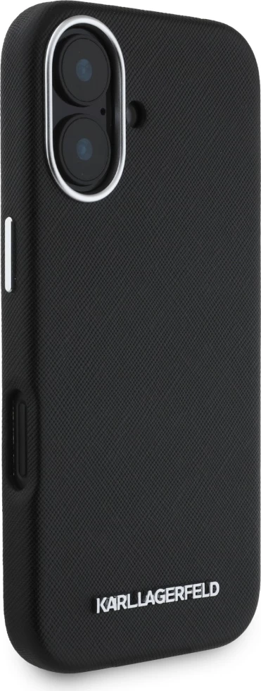 Mbështjellës Karl Lagerfeld Saffiano Full Wrapped Elongated Metal Logo MagSafe për iPhone 16, i zi