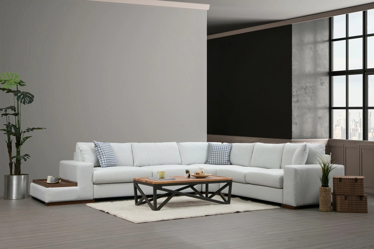 Këndare Atelier del Sofa, Loop 23, ngjyrë bezhë, këmbë druri arre, 282x363x95x85cm, 4 jastëkë
