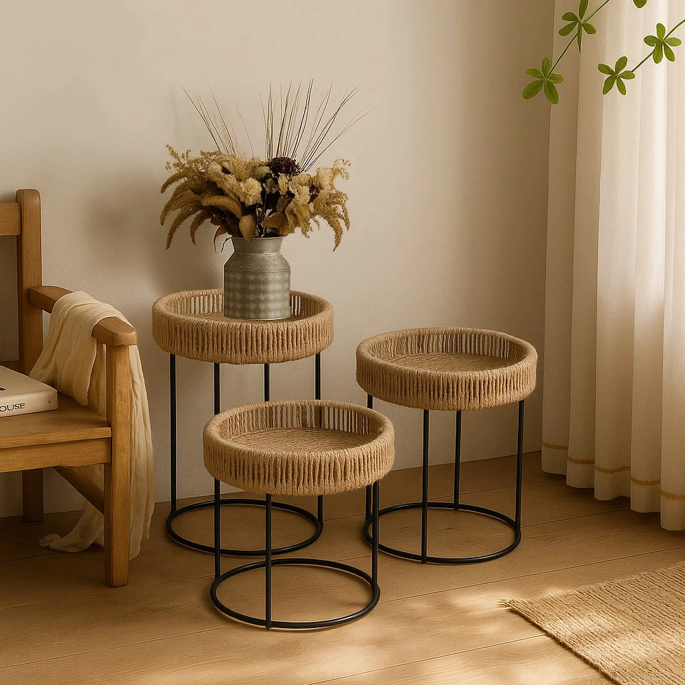 Set tavolinash Thasos, 3 copë, natyrale/zeza, 40x40x51cm