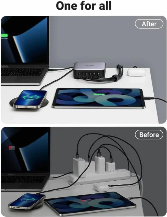 Karikues i shpejtë GaN II UGREEN 40914, 200W, 4x USB-C + 2x USB-A, PD/QC/PPS, e zezë/gri, set me kabllo rryme 2m + USB-C në USB-C 1m