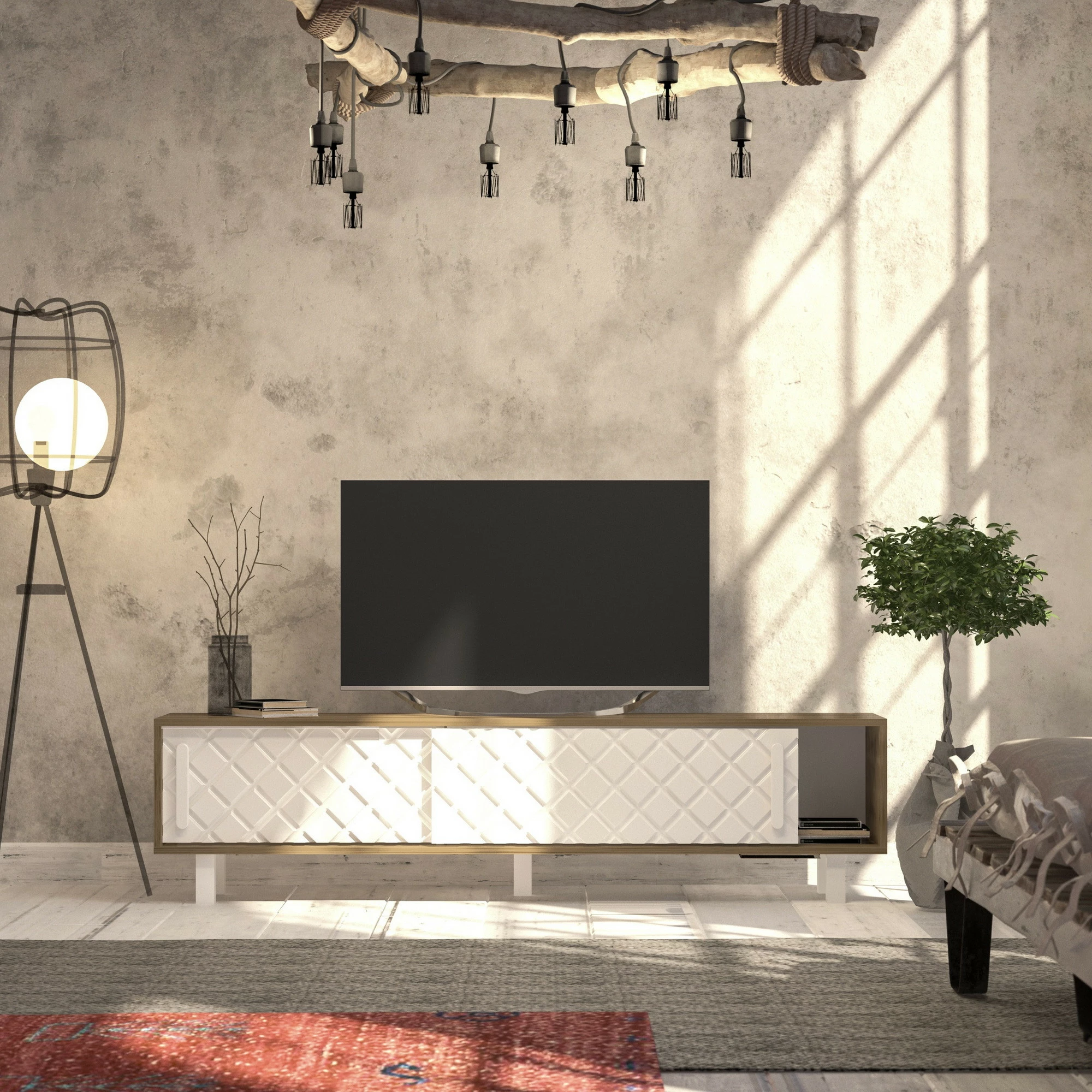 Komodë TV Hanah Home, Rob - Ud, e bardhë, lisi