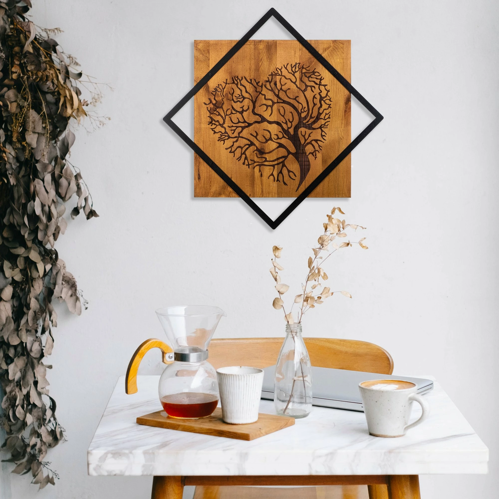 Aksesor dekorativ prej druri për mur, Wallity, pemë 2, ngjyrë arre dhe e zezë, 54x54cm