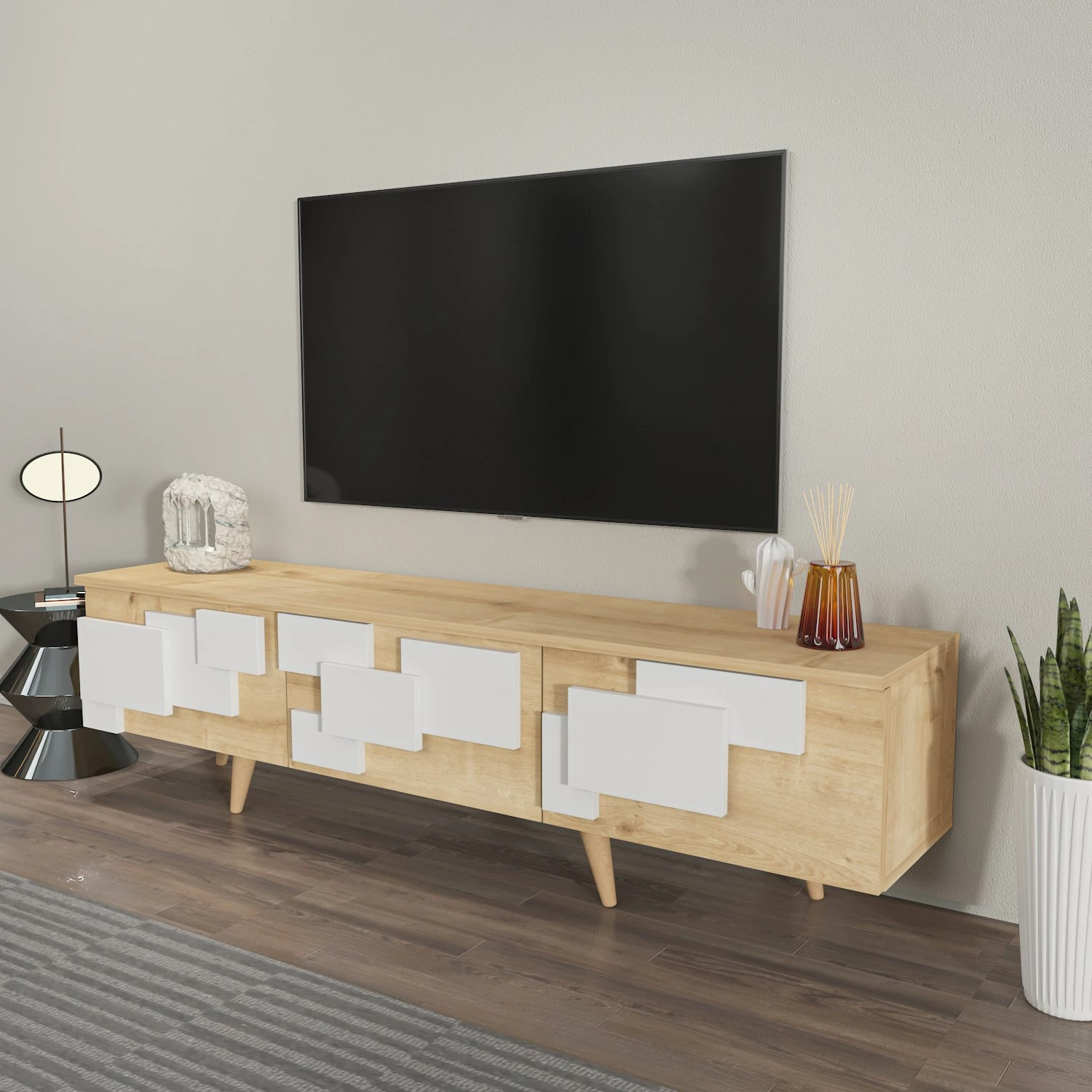 Komodë TV Skye Decor, 3 D, ngjyrë lisi, e bardhë