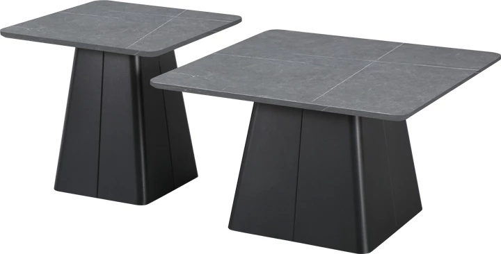 Set tavolina për sallon, bazë metalike, sipërfaqe gur i sinterizuar, ngjyrë e zezë-gri mermeri, 2 copë